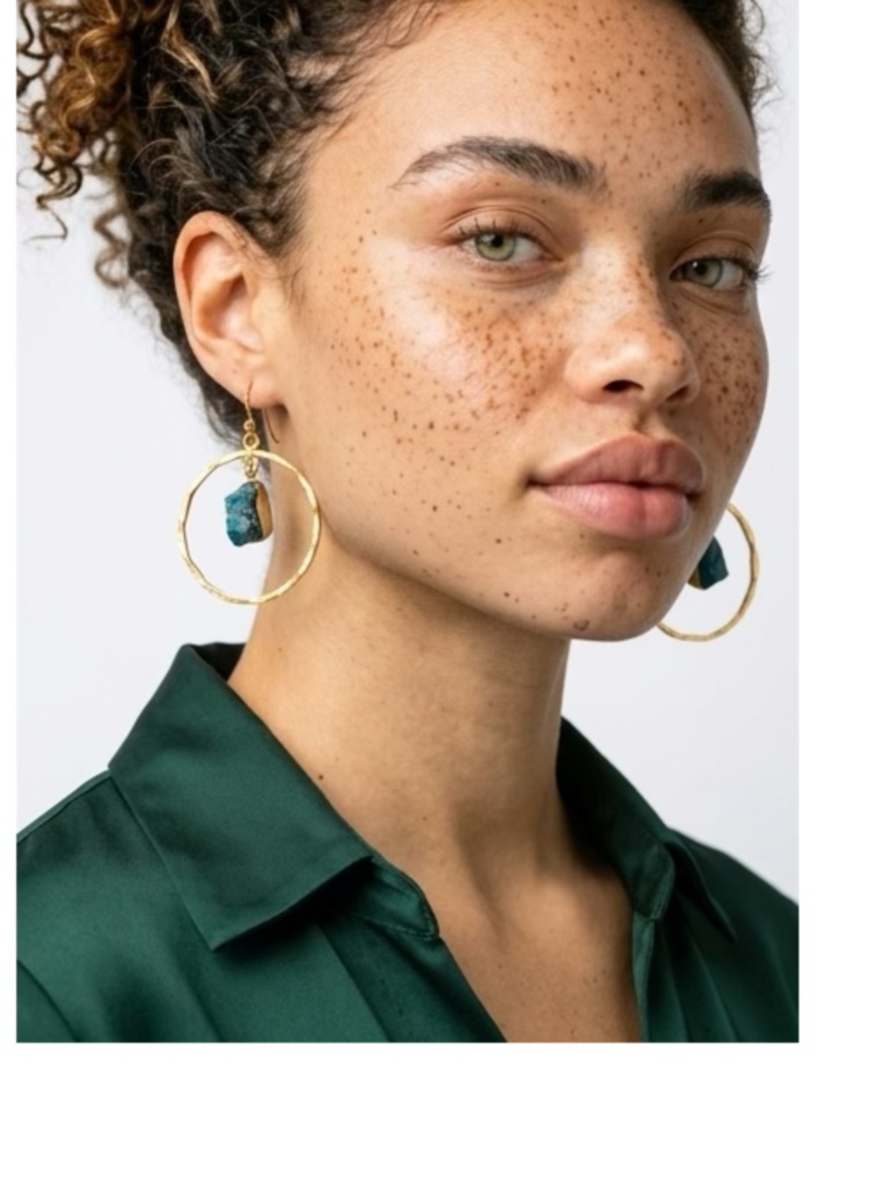 Gold Hoop Earrings with Blue Stone Drop Accent